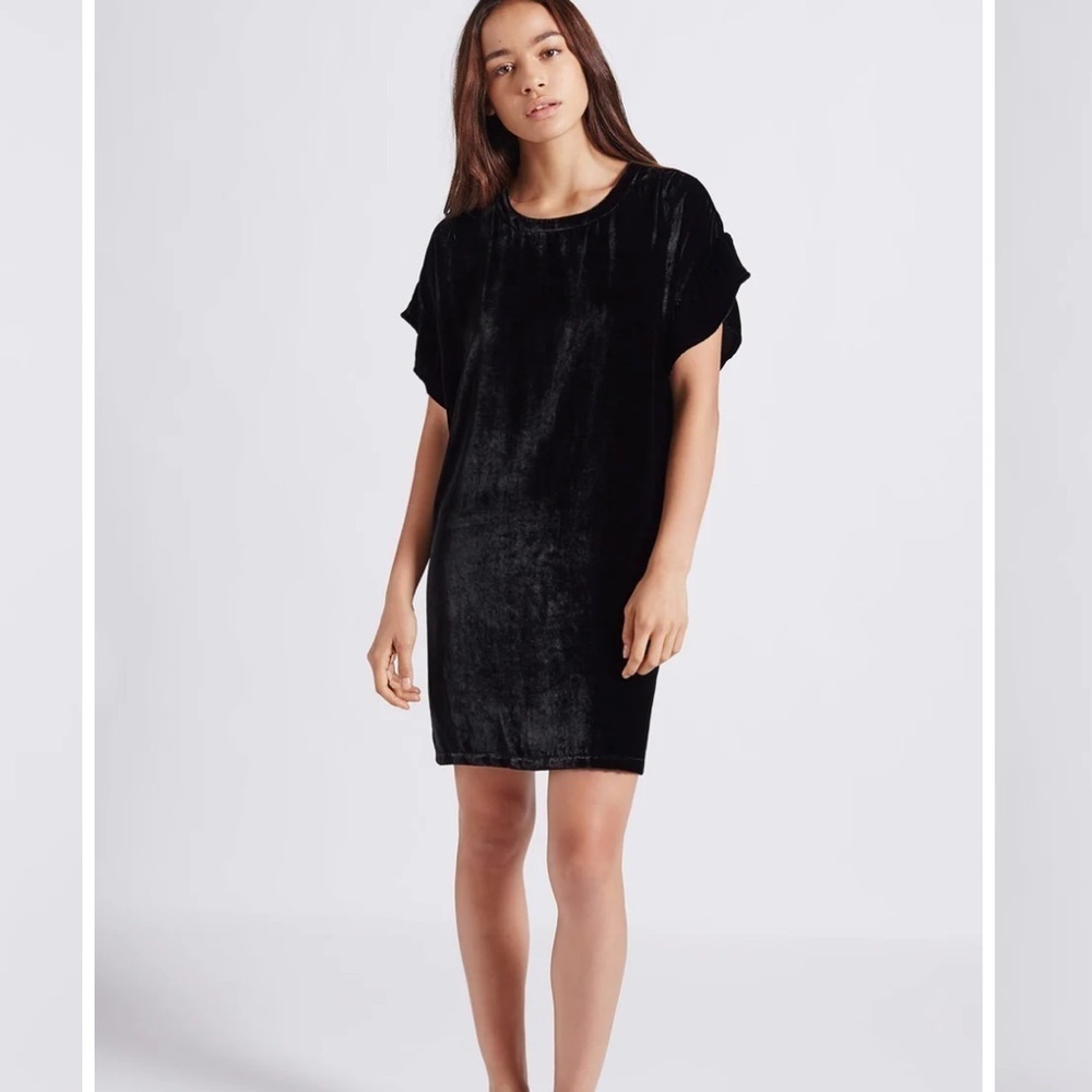 CURRENT/ELLIOTT crushed black velvet ruffle sleeve shirt dress size 0